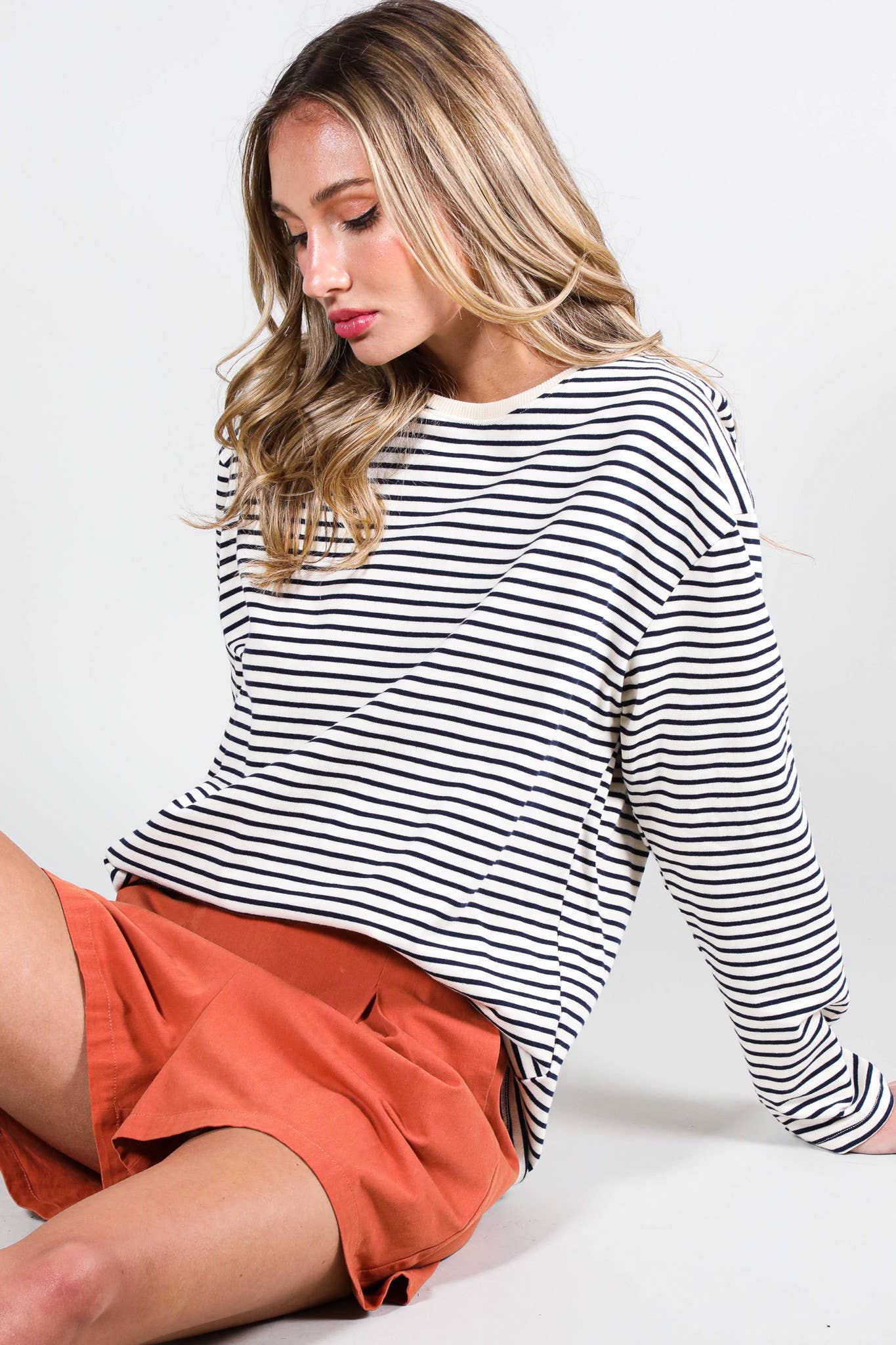 Round Neck Long Sleeve 100% Cotton Stripe Knit Top