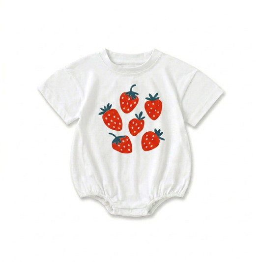Strawberry — Organic Cotton Baby Romper in White