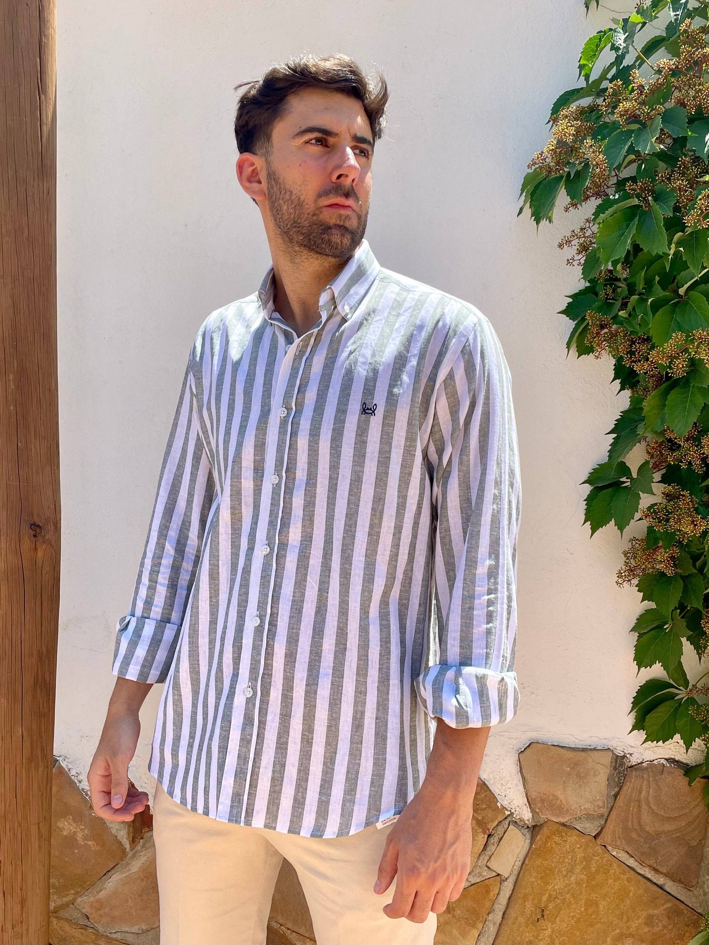 Khaki Green Striped Linen Shirt | Baza
