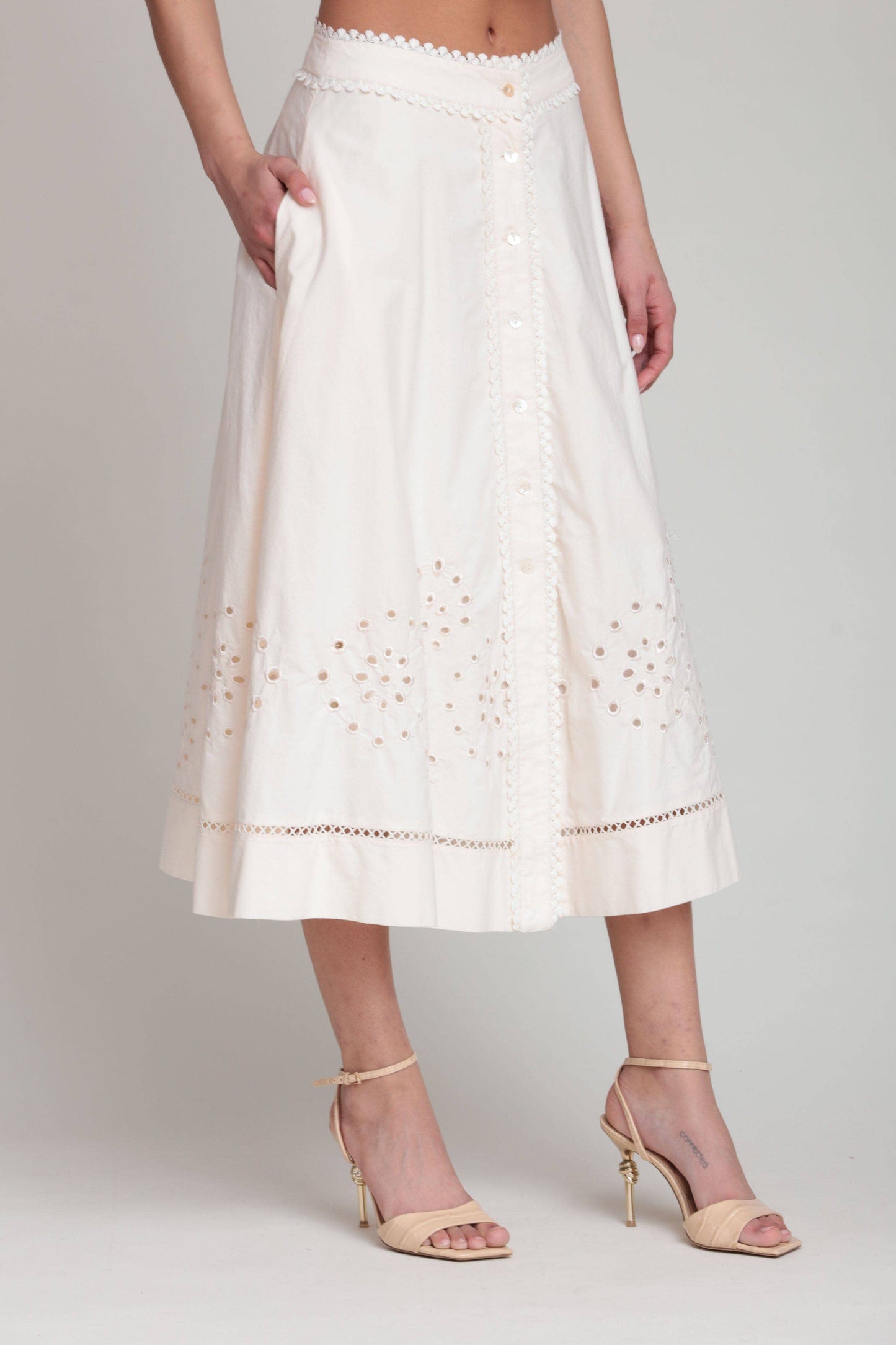 Cotton Embroidered Button Front Midi Skirt