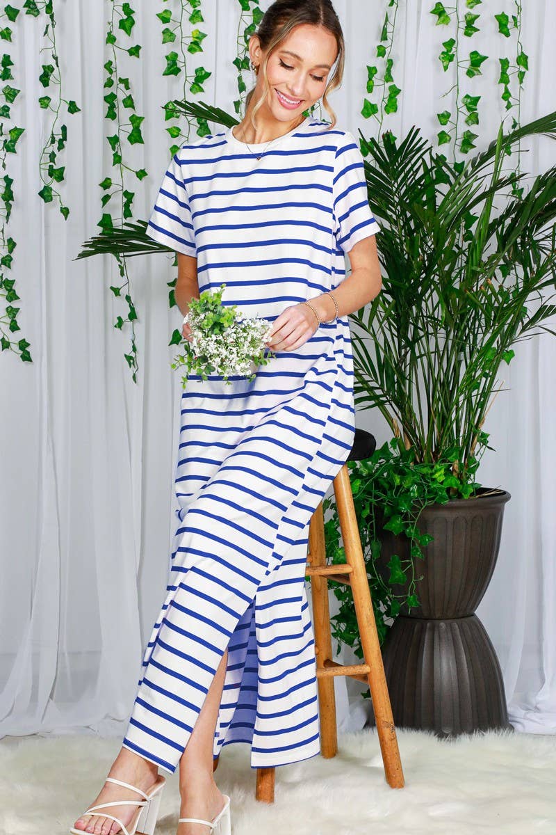 Crew Neck Striped Cotton T-Shirt Maxi Dress