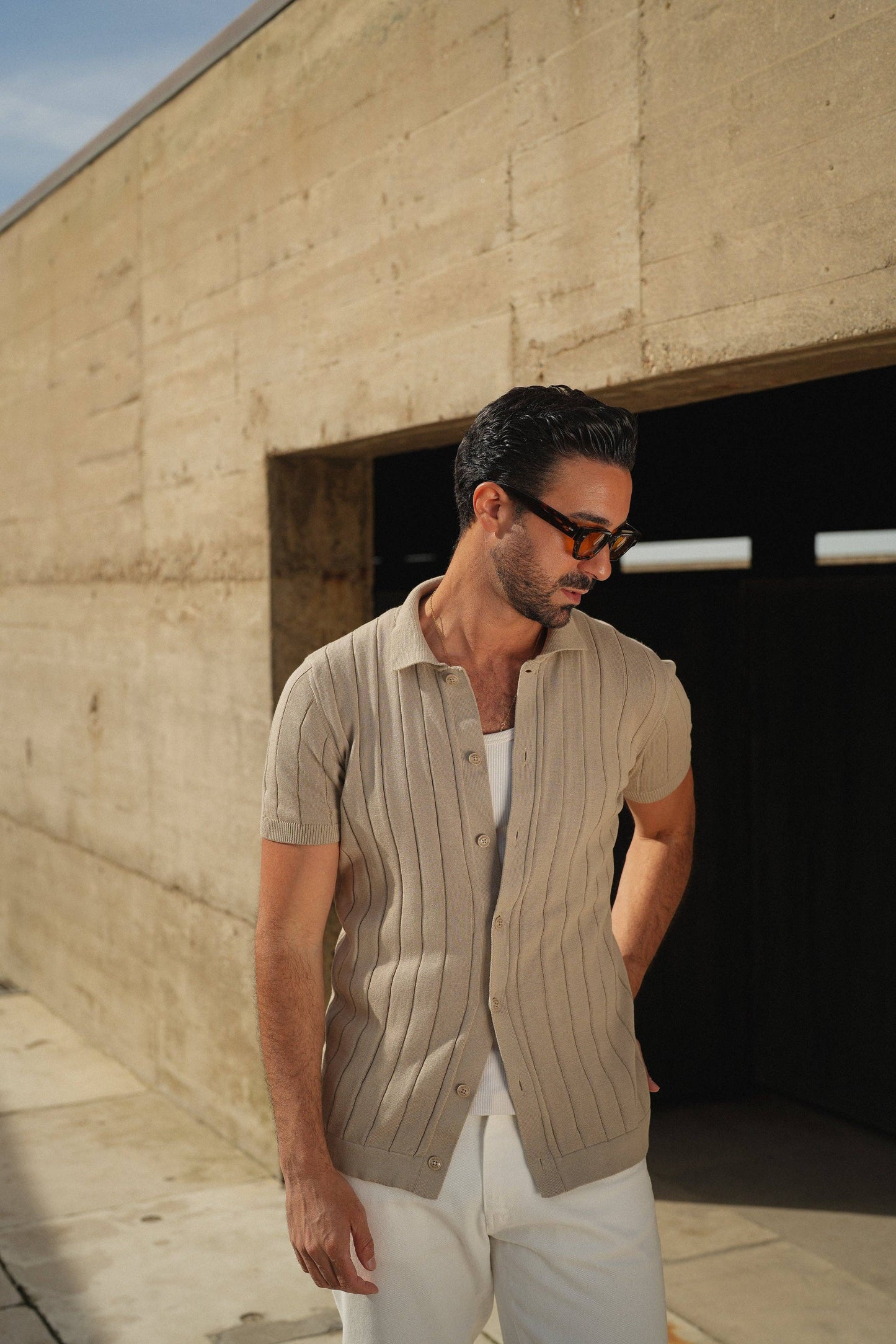 KNITTED CUBAN COLLAR TAUPE SHIRT