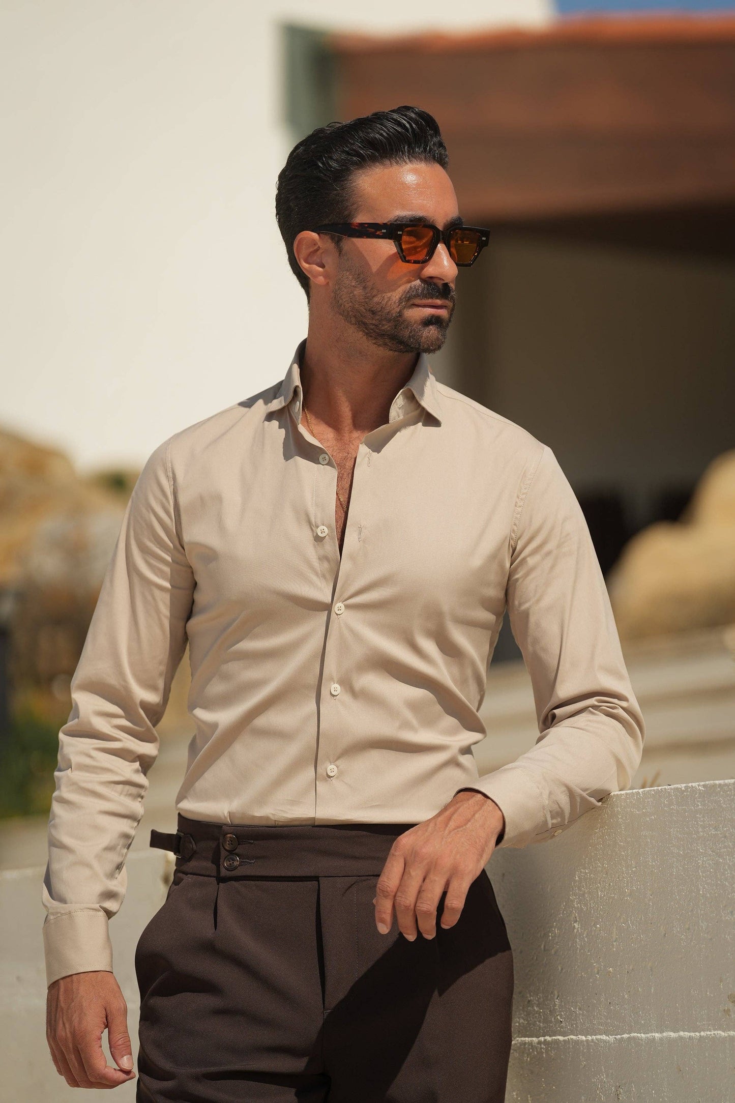 BEIGE SLIM FIT STRETCH SHIRT