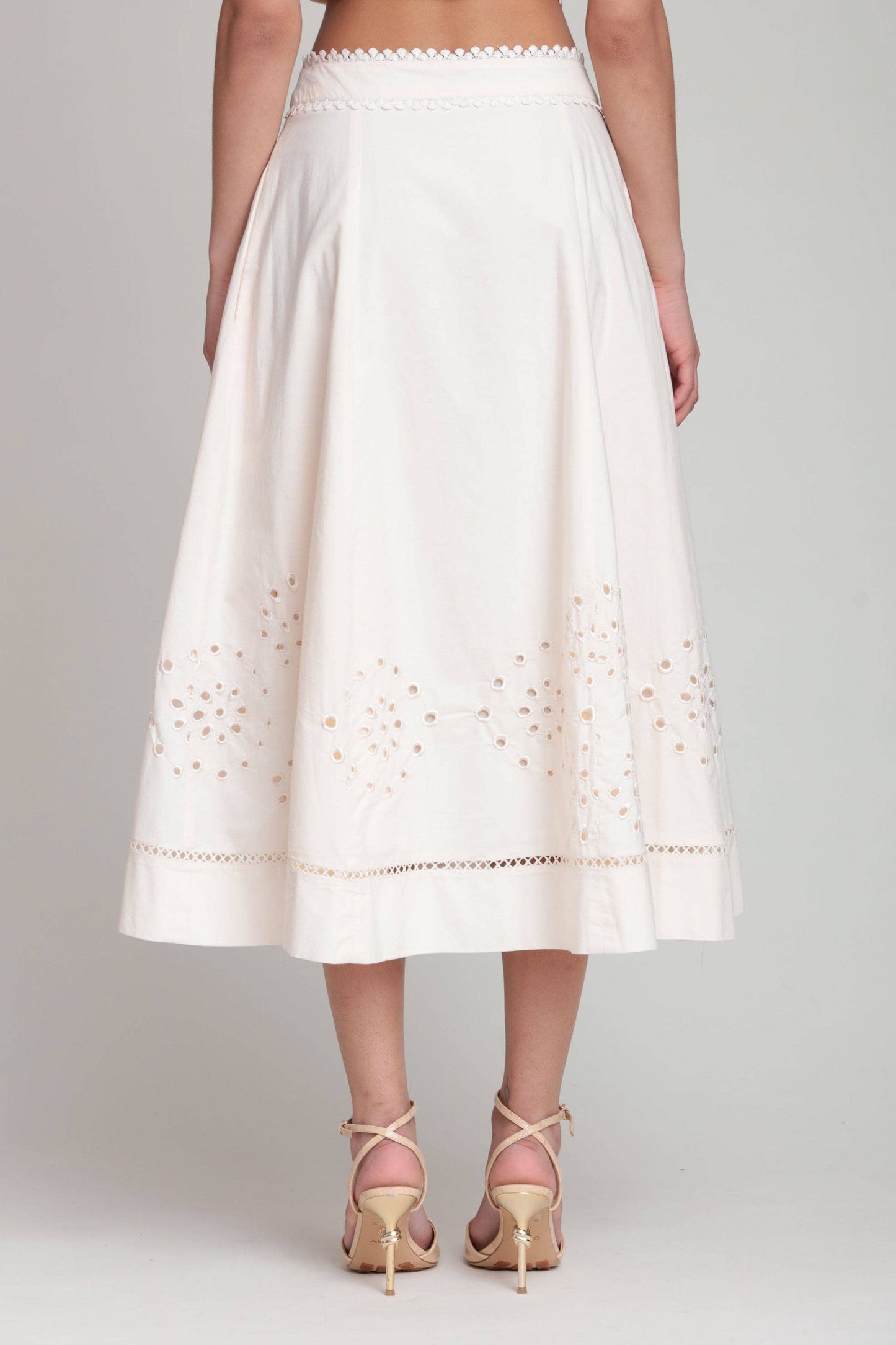 Cotton Embroidered Button Front Midi Skirt