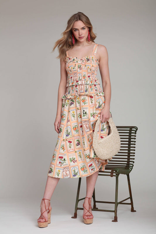 Cotton Fruit Floral Smocked Midi Dress