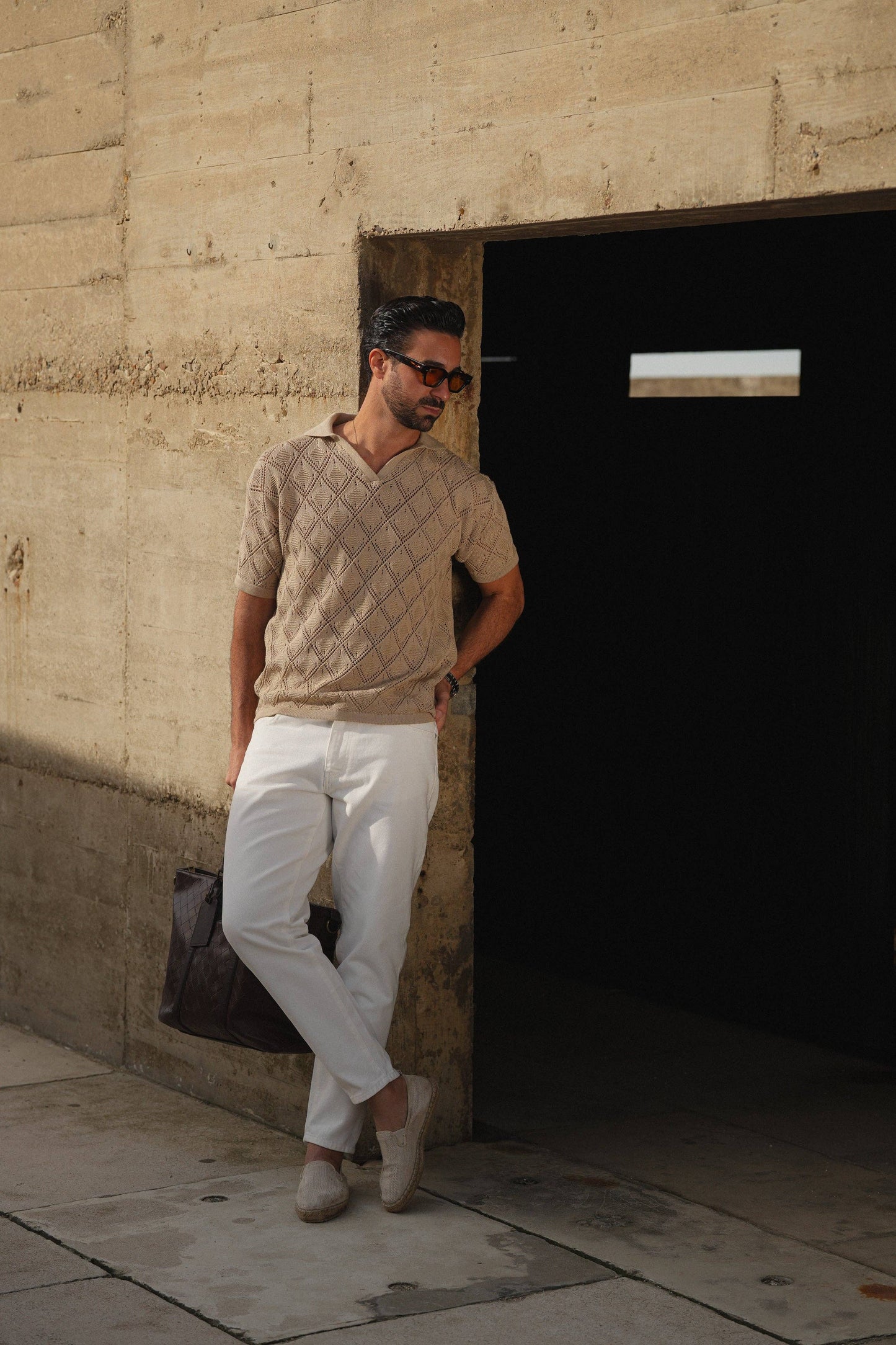 POLO GEOMETRIC DESIGN OPEN-COLLAR TAUPE SHIRT