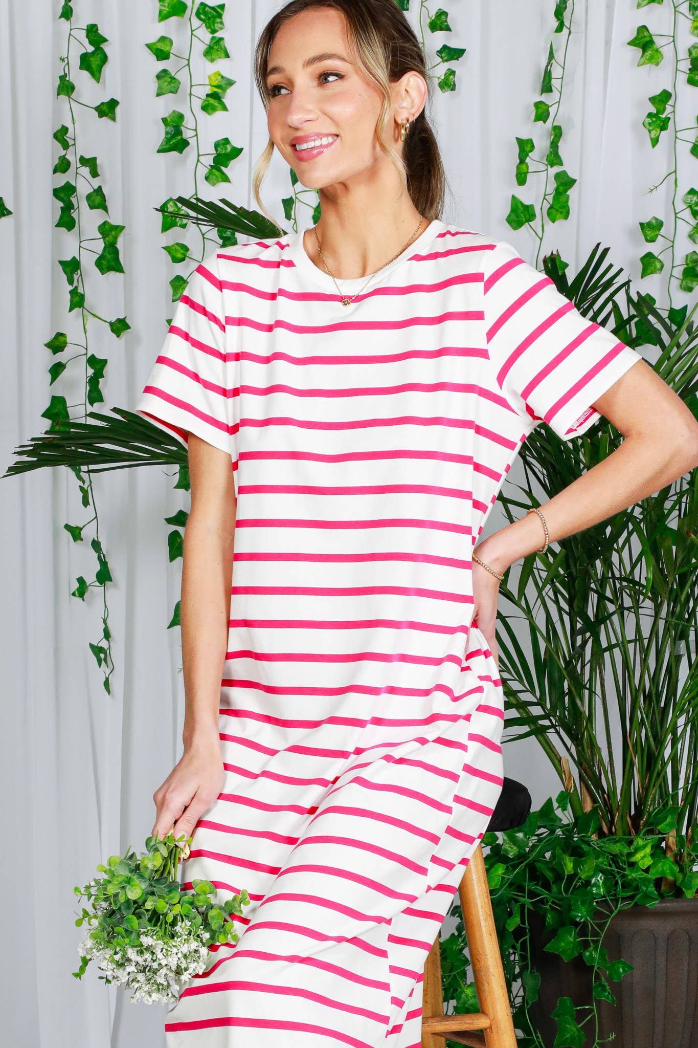 Crew Neck Striped Cotton T-Shirt Maxi Dress