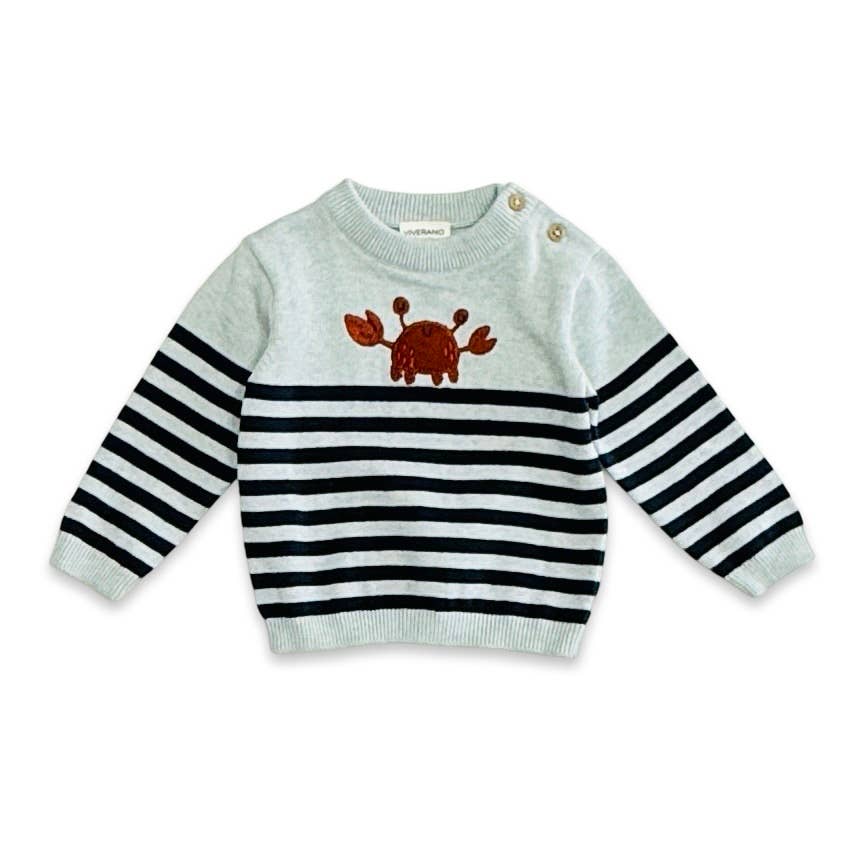 Crab Embroidered & Stripe Knit Baby Pullover (Organic Cotton