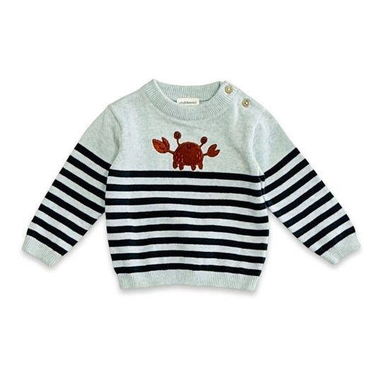 Crab Embroidered & Stripe Knit Baby Pullover (Organic Cotton