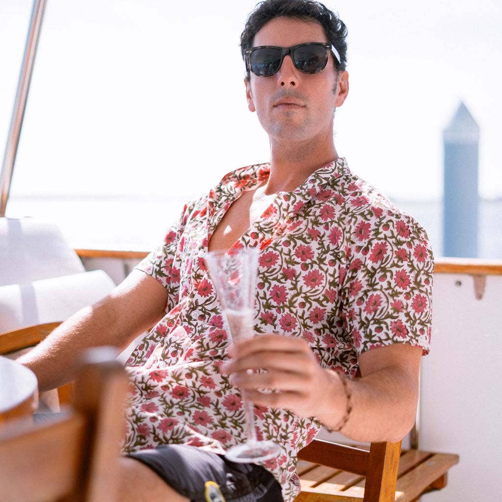 Men's Mandarin-Collar Button Down Shirt in Floral Print
