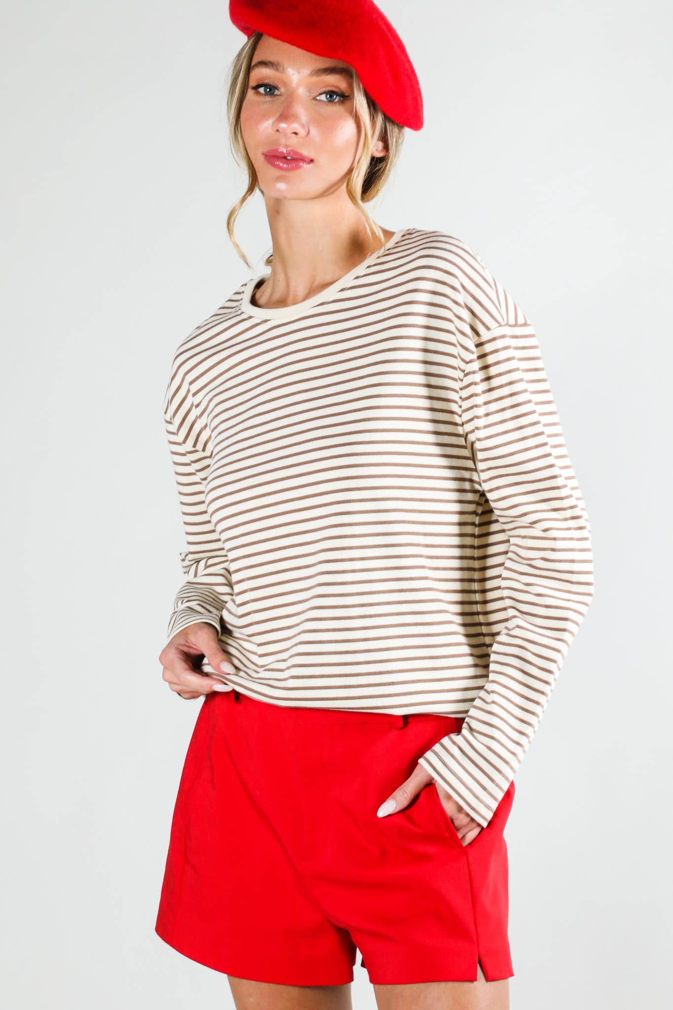 Round Neck Long Sleeve 100% Cotton Stripe Knit Top