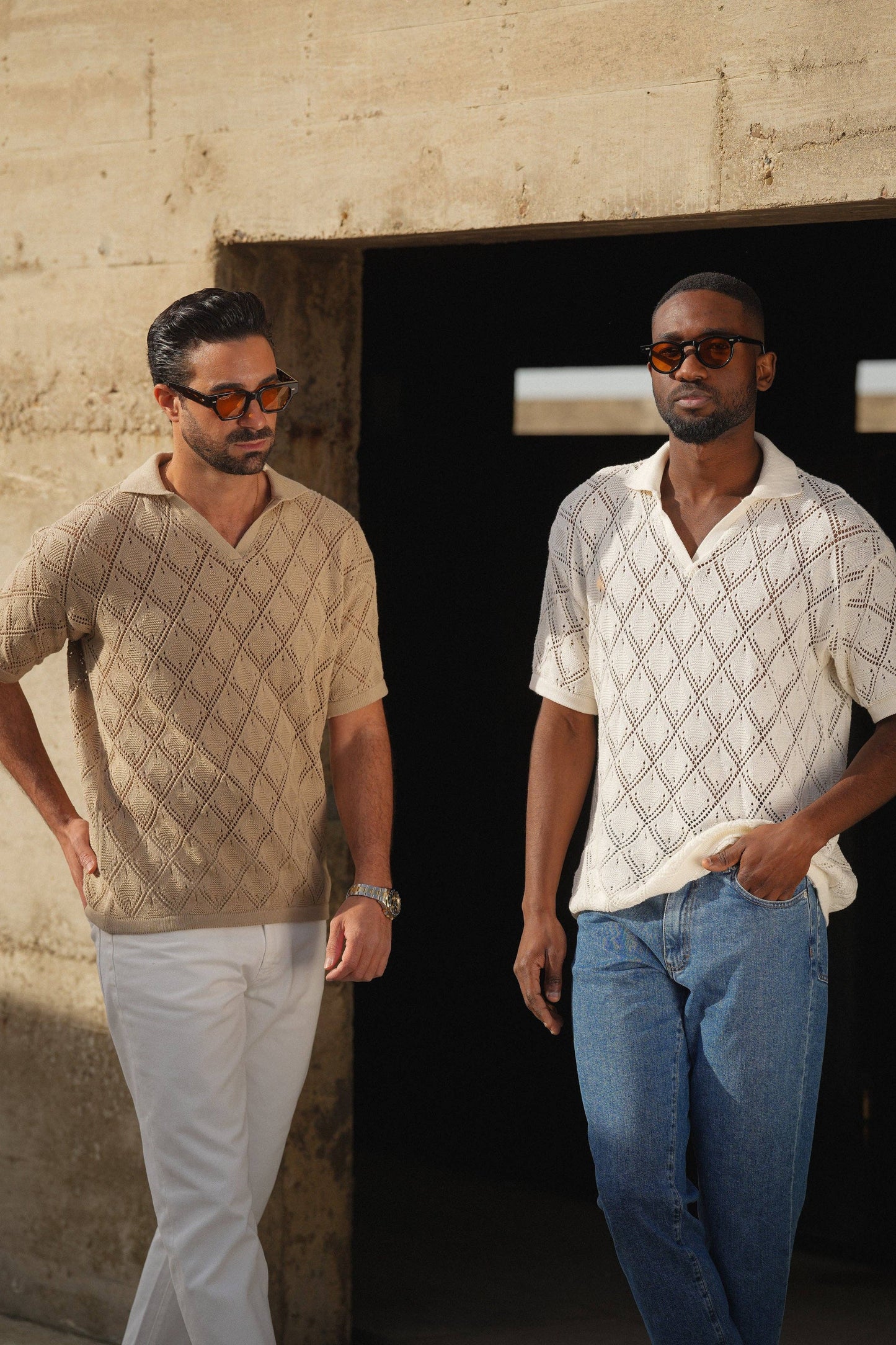 POLO GEOMETRIC DESIGN OPEN-COLLAR TAUPE SHIRT