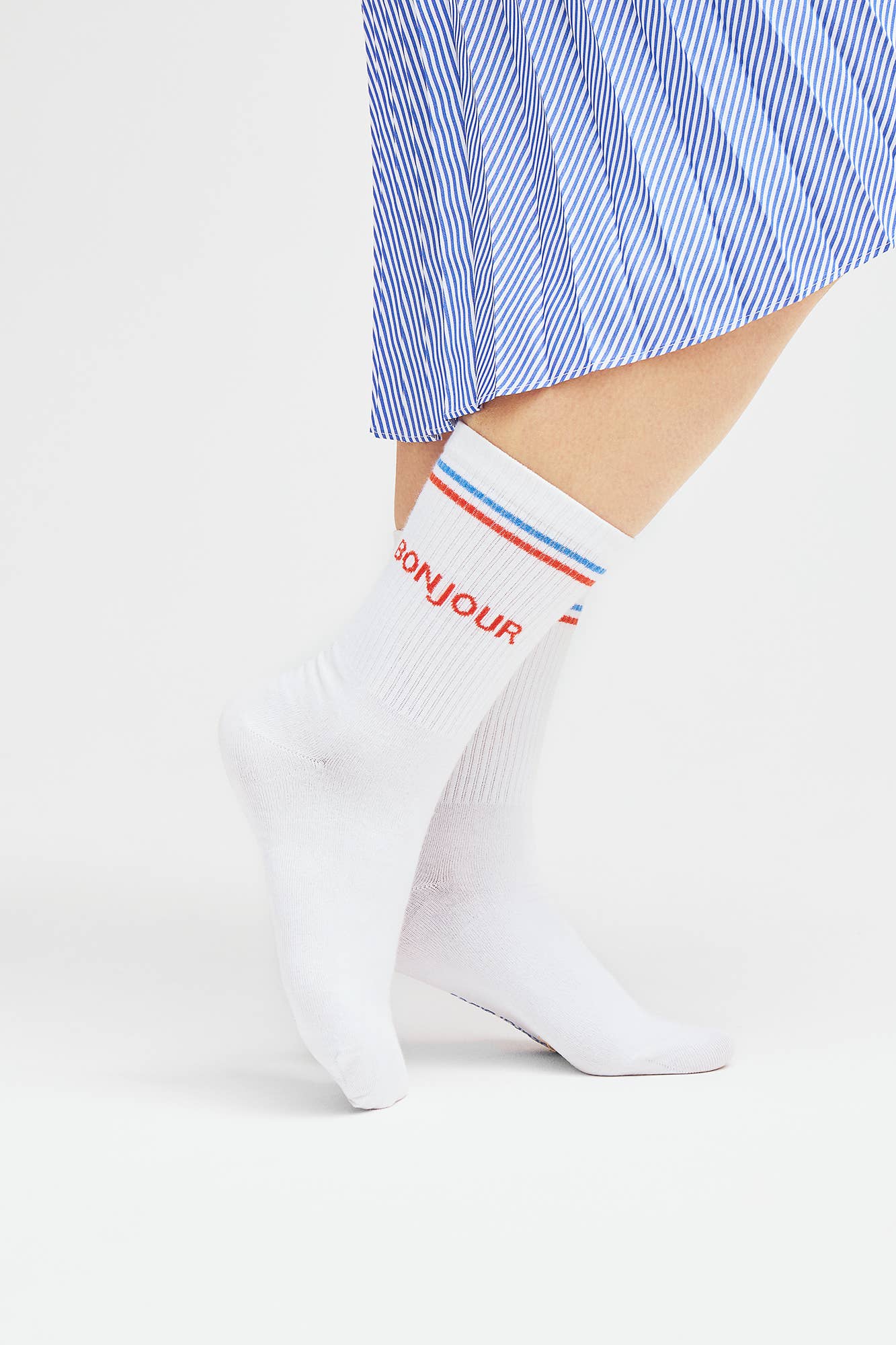 Bonjour Socks - White Crew Socks with Stripes and Text