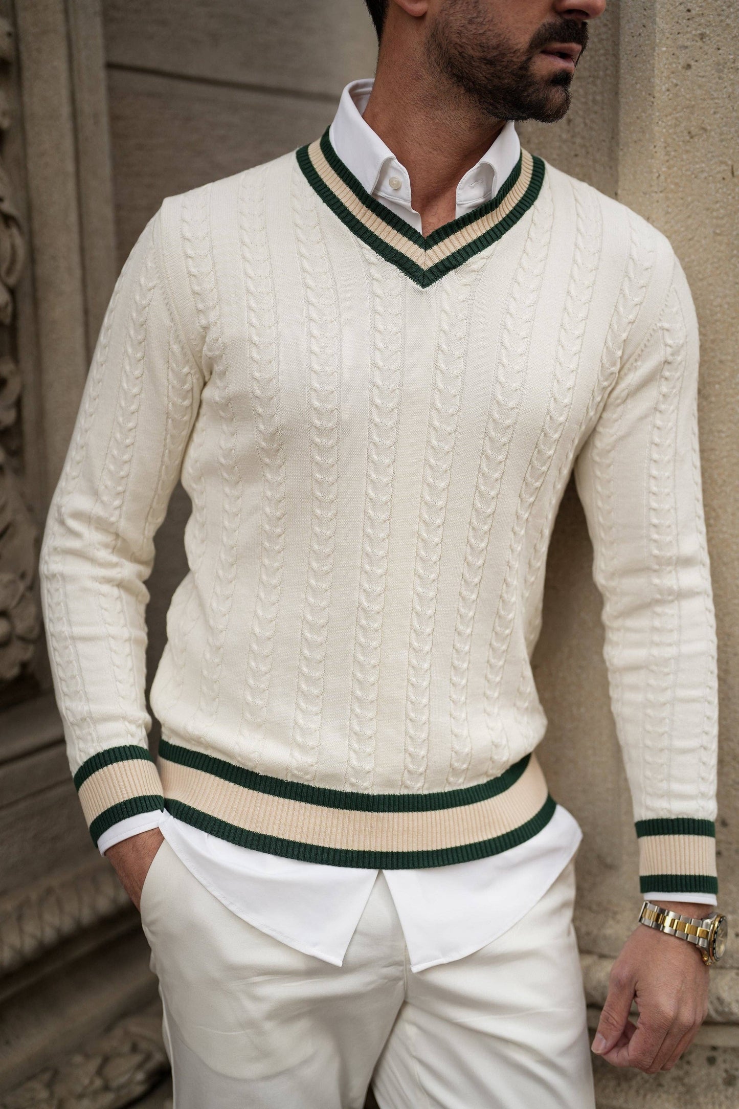 V-NECK PEARL, BEIGE & GREEN