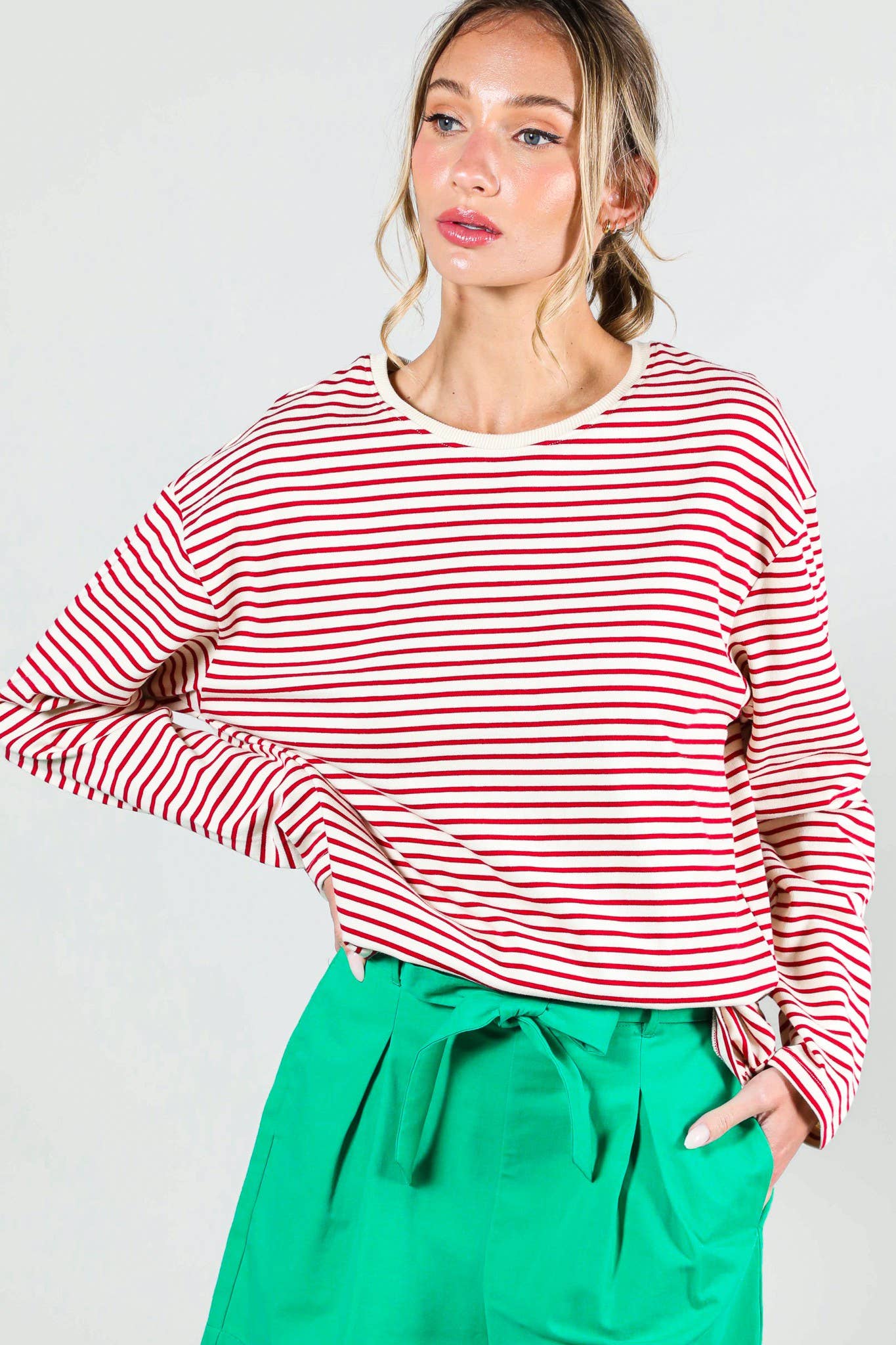 Round Neck Long Sleeve 100% Cotton Stripe Knit Top