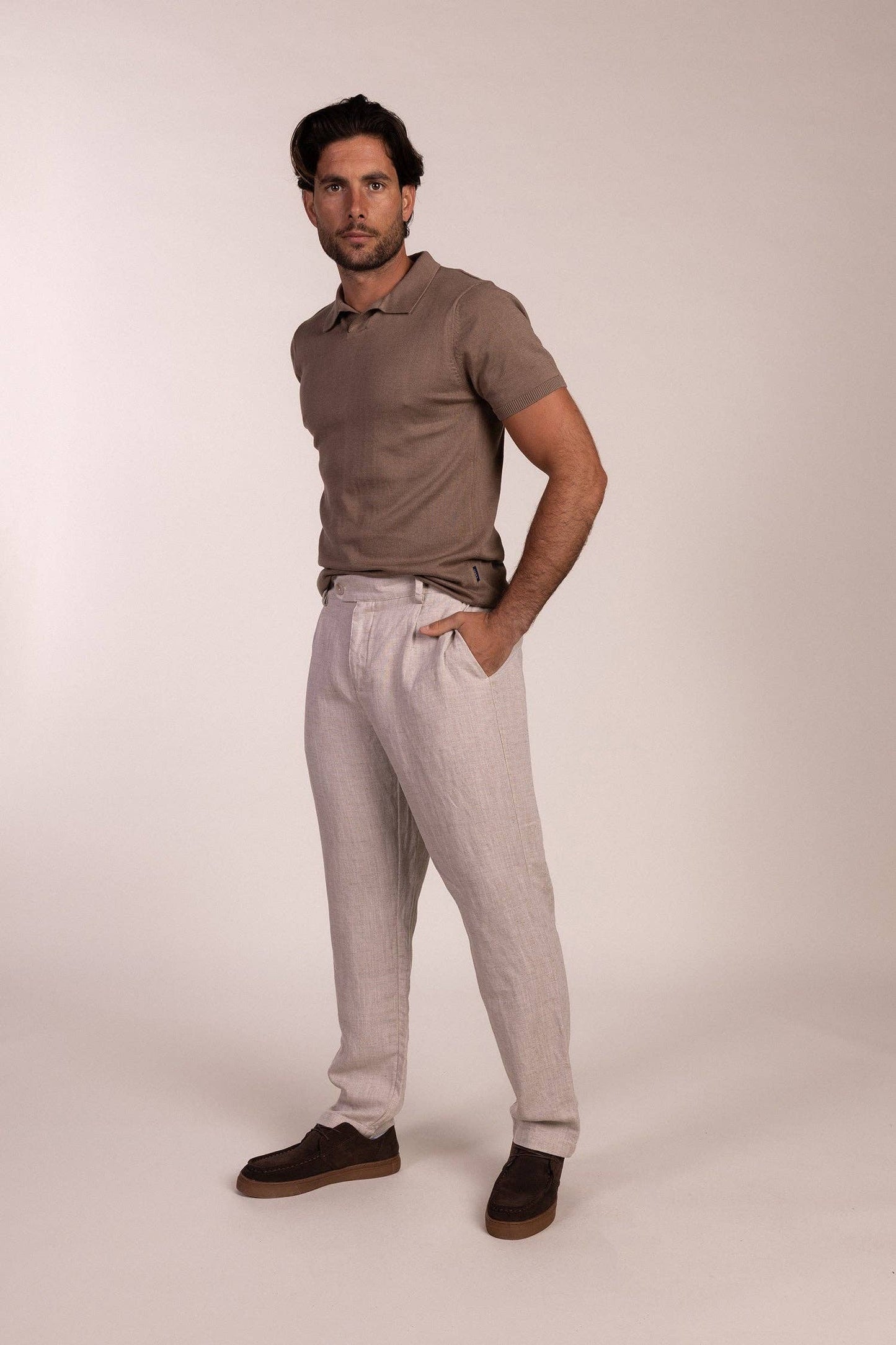 Beige Linen Pleated Trousers