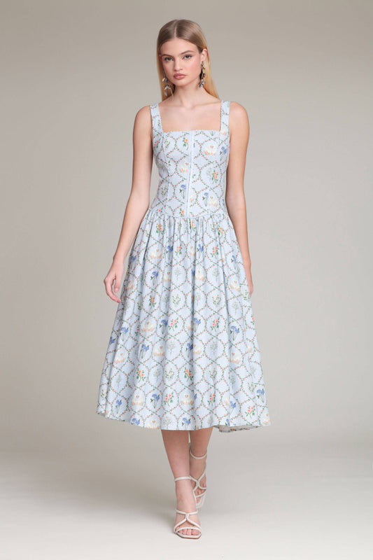 Floral Lattice Linen Blend Midi Dress