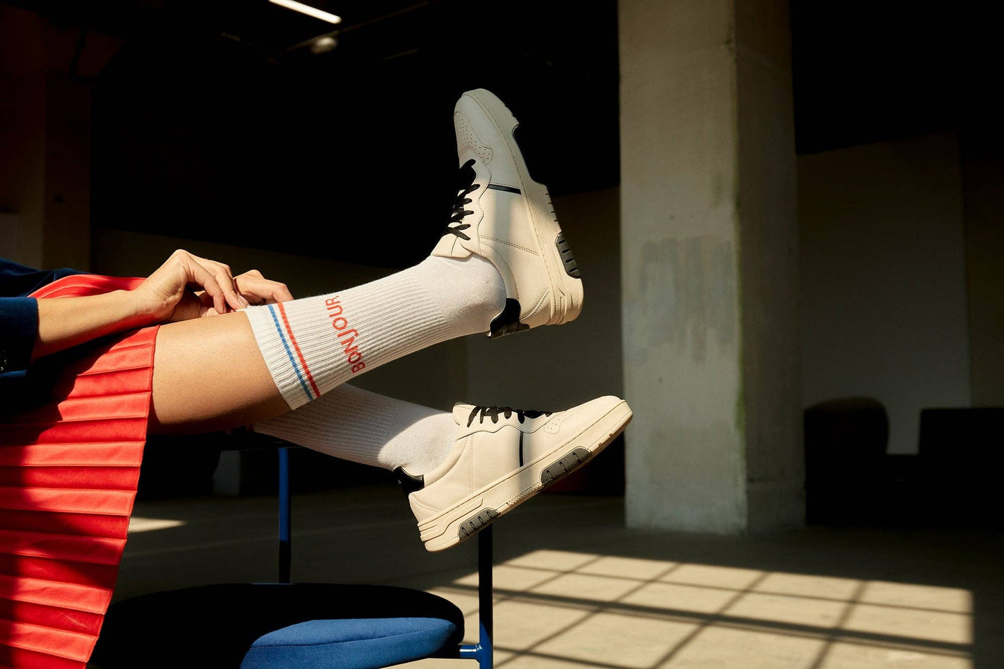 Bonjour Socks - White Crew Socks with Stripes and Text