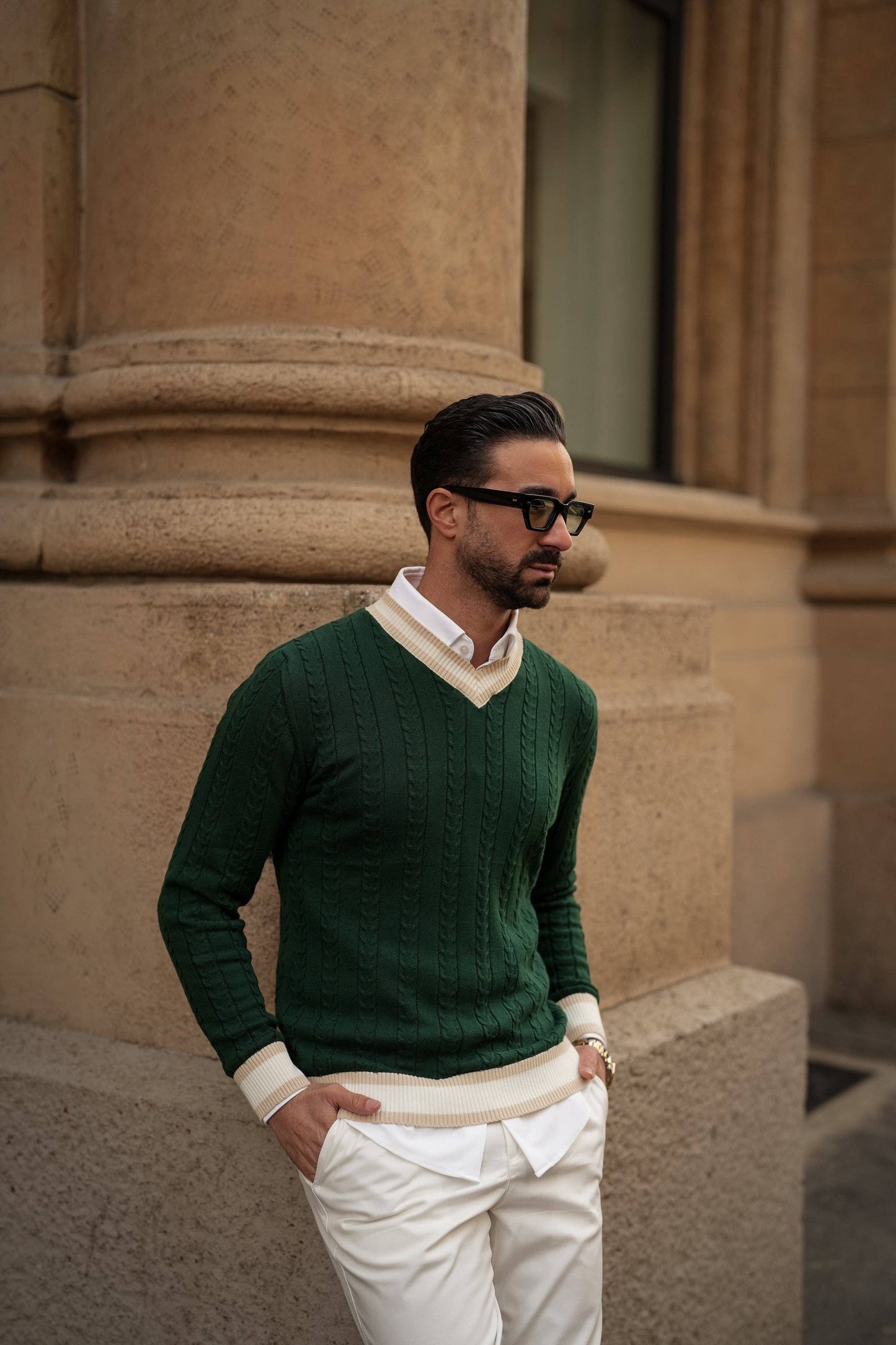 V-NECK GREEN&BEIGE&PEARL