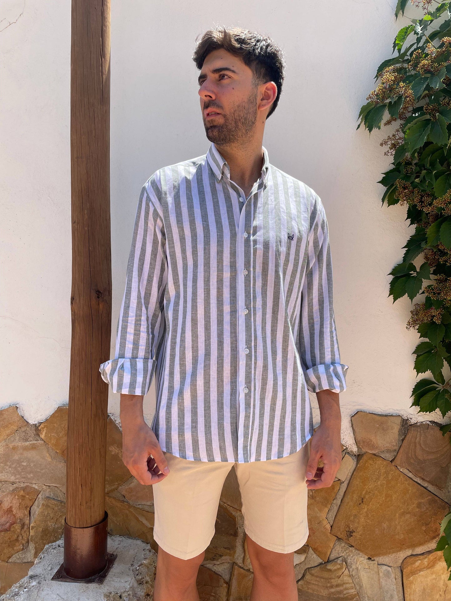 Khaki Green Striped Linen Shirt | Baza