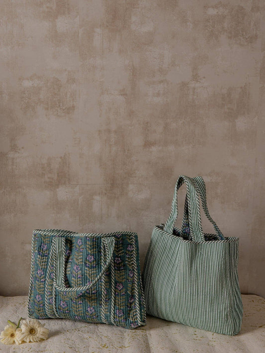 Kumquat Handblock Printed Reversible Cotton Quilted Tote Bag