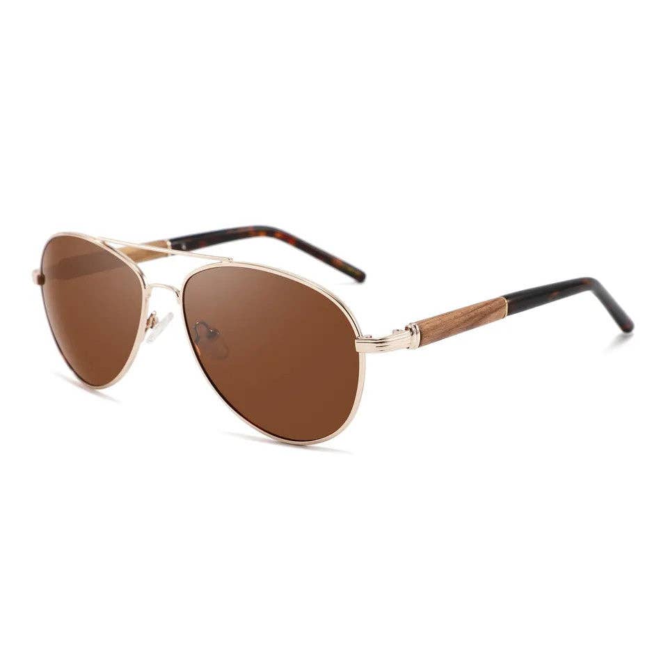 Classic Aviator Hybrid Acetate Frame Sunglasses with Real Wood Inlay & Polarized Lenses by WUDN