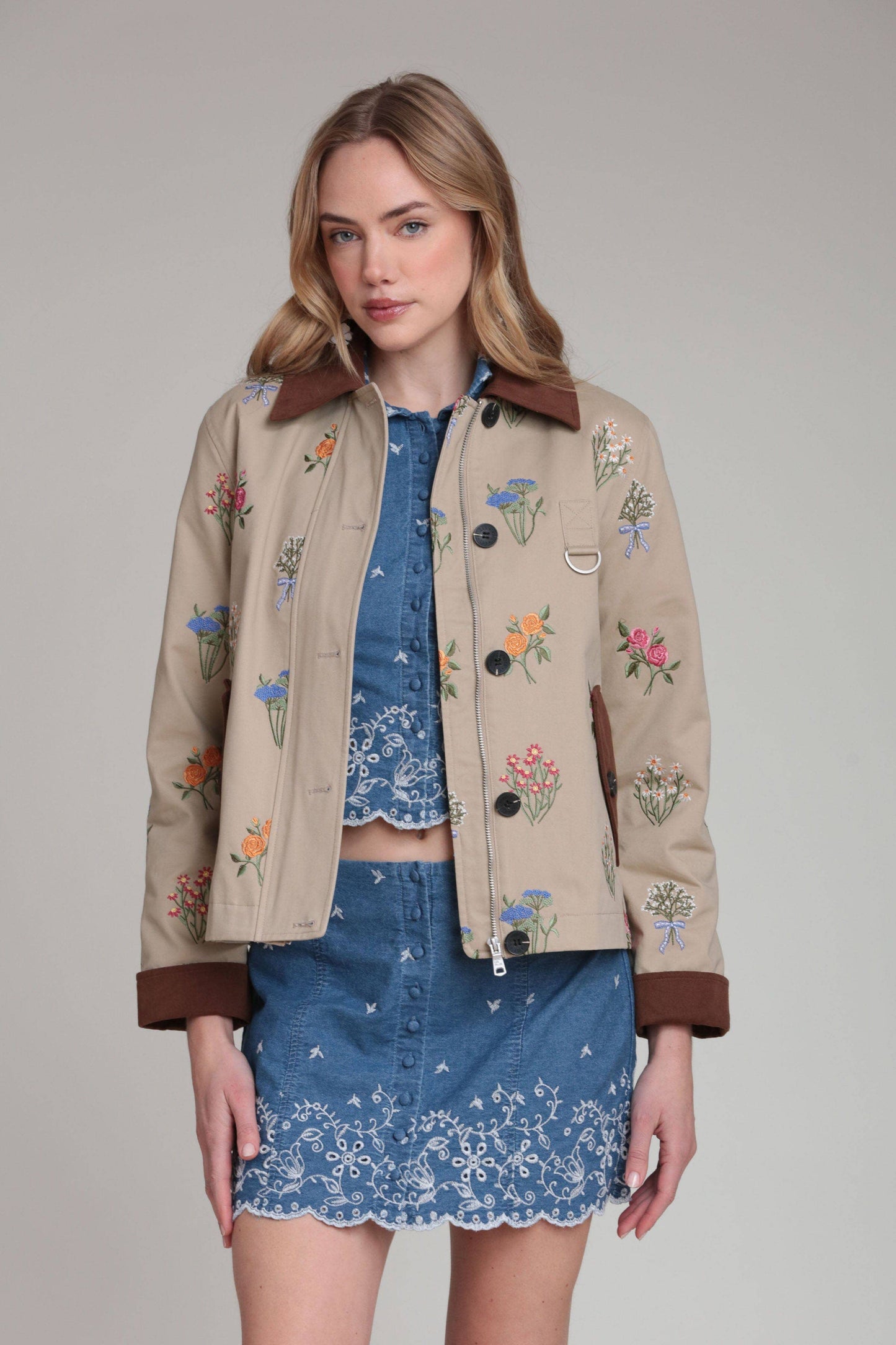 Floral Embroidered Cotton Utility Jacket