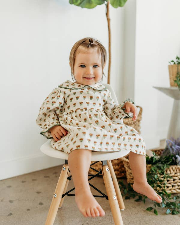 Ina Block Print Floral Baby Dress & Bloomer Set (Linen)