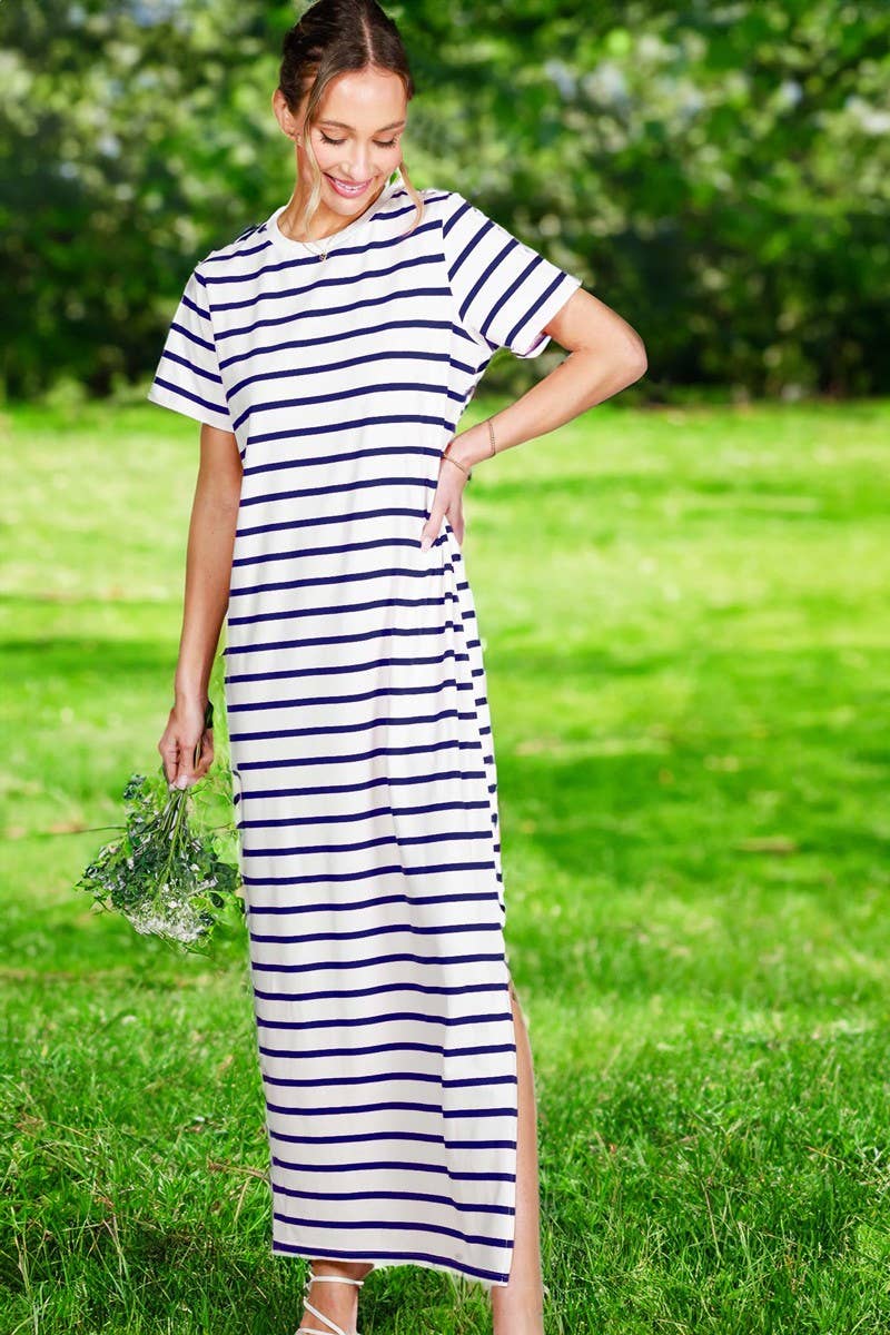 Crew Neck Striped Cotton T-Shirt Maxi Dress