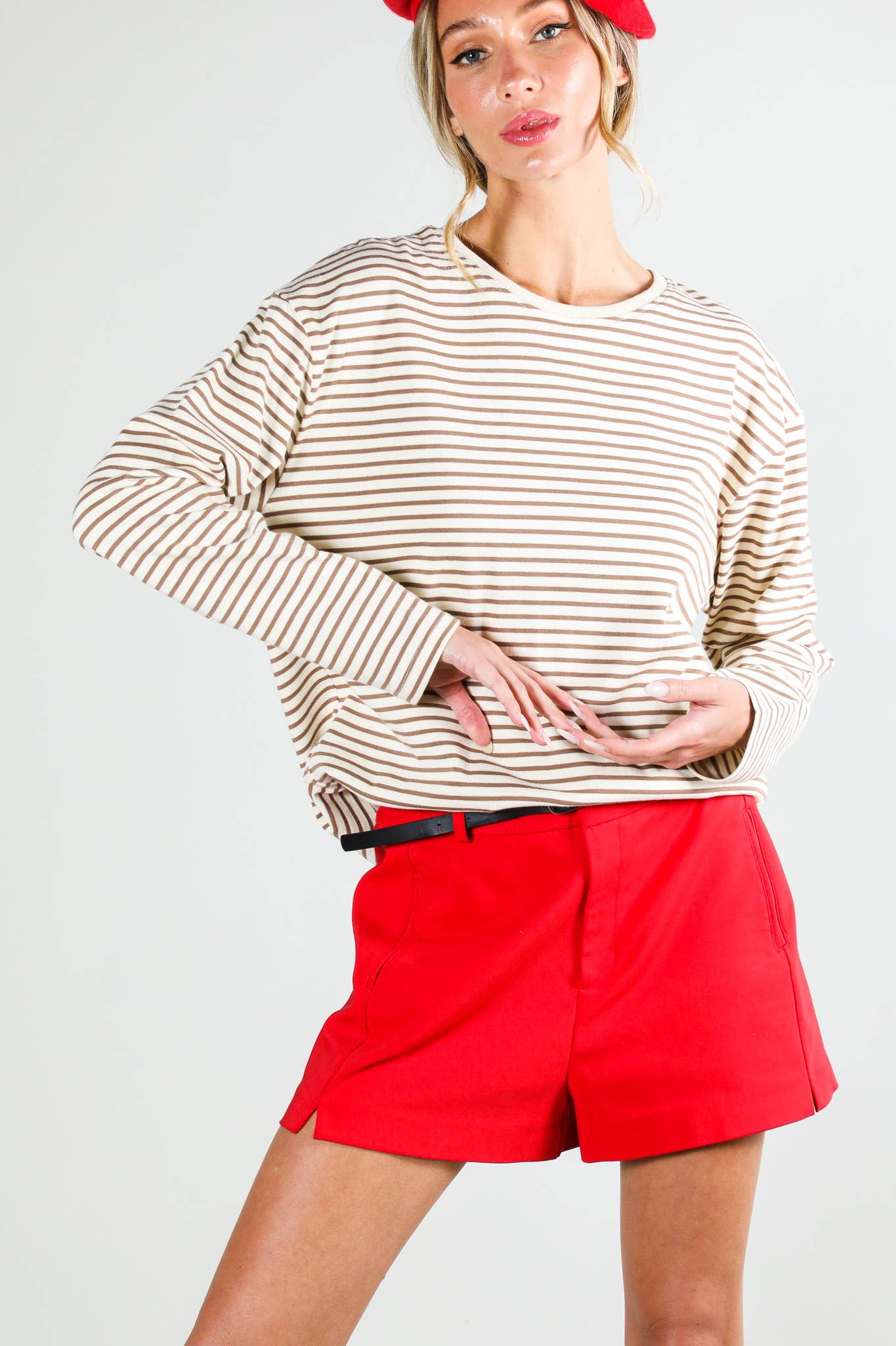 Round Neck Long Sleeve 100% Cotton Stripe Knit Top
