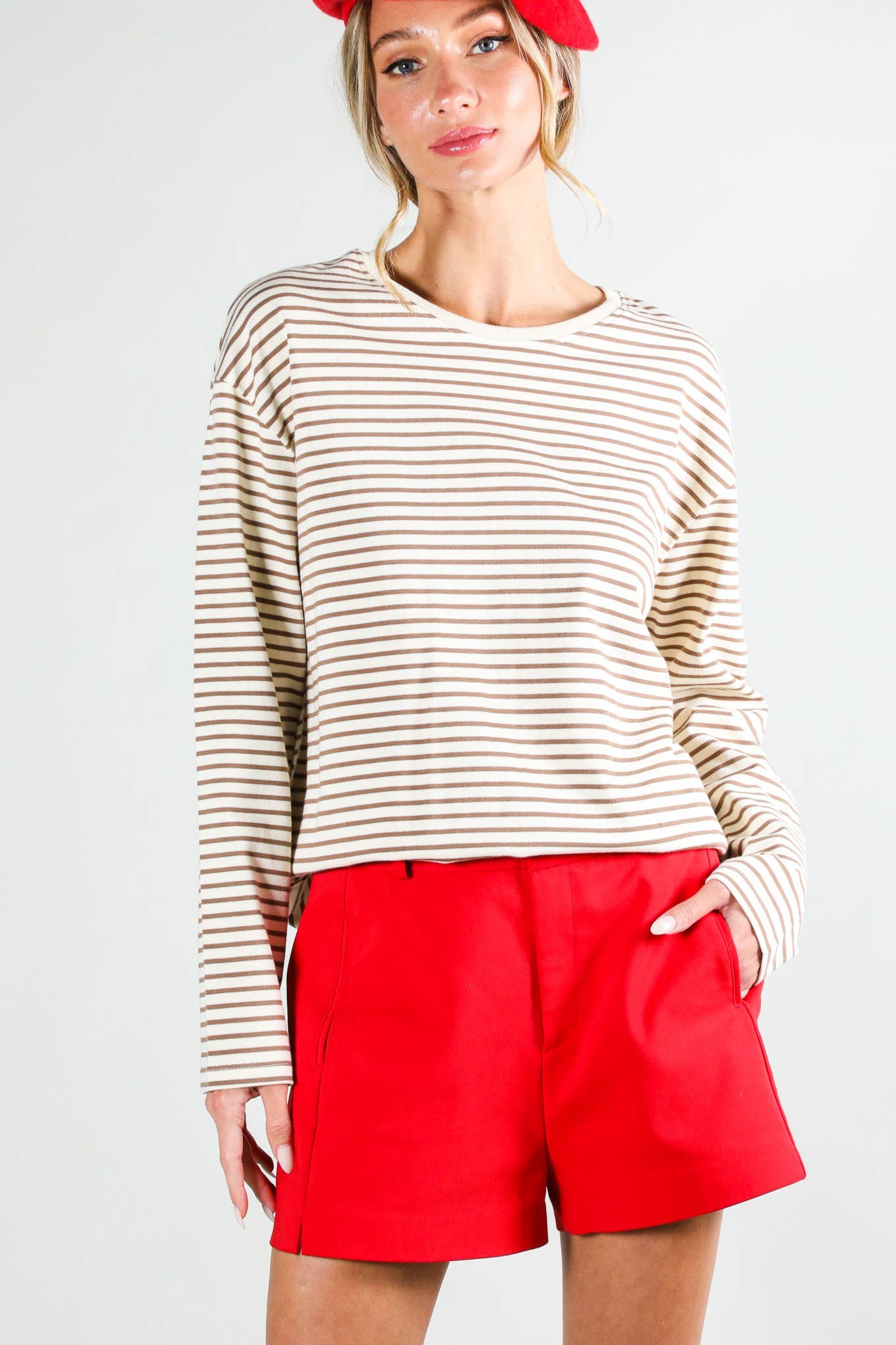 Round Neck Long Sleeve 100% Cotton Stripe Knit Top
