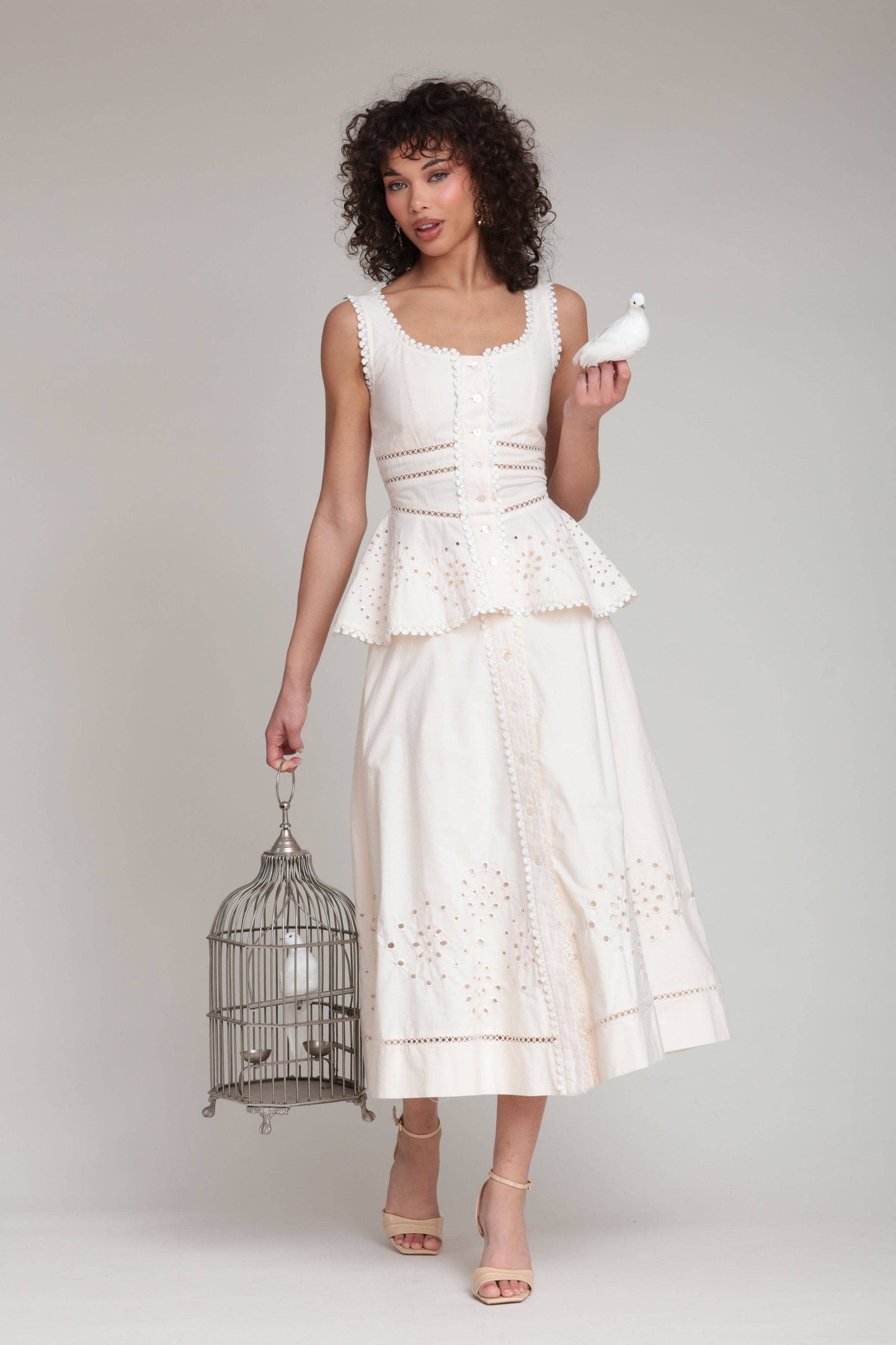 Cotton Embroidered Button Front Midi Skirt