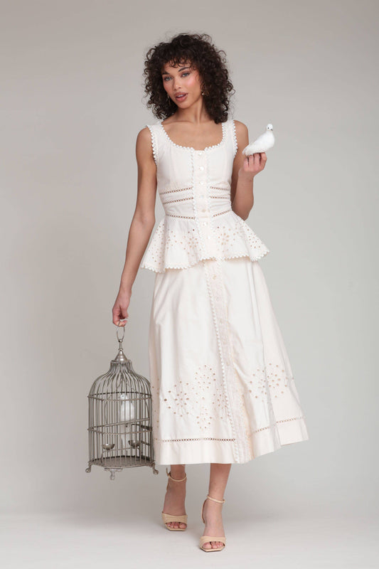 Cotton Embroidered Button Front Midi Skirt