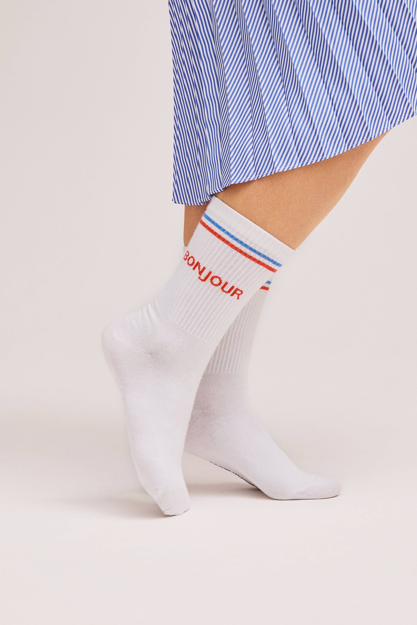 Bonjour Socks - White Crew Socks with Stripes and Text