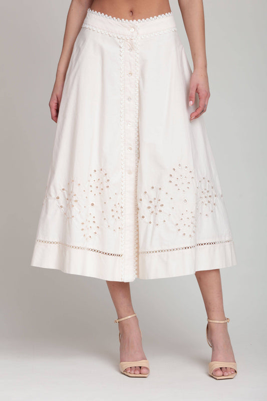 Cotton Embroidered Button Front Midi Skirt