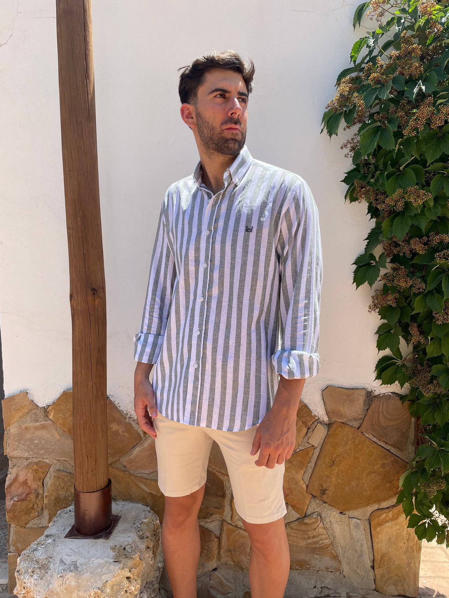 Khaki Green Striped Linen Shirt | Baza