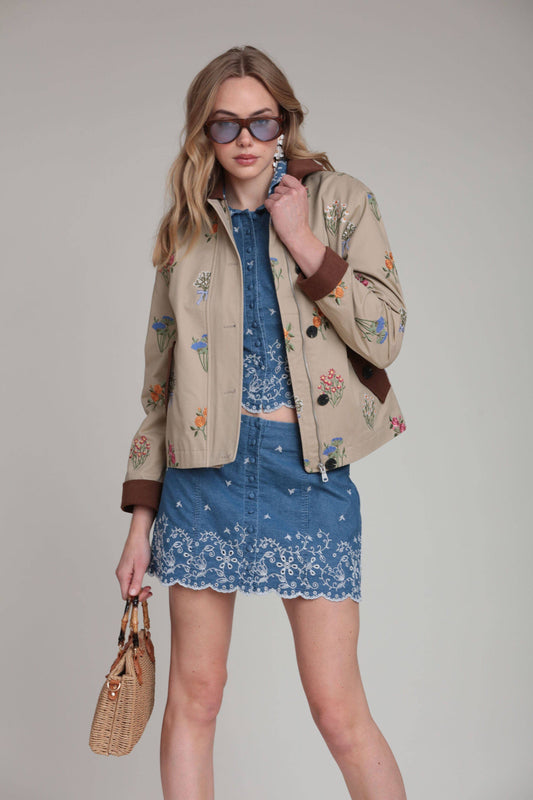 Floral Embroidered Cotton Utility Jacket