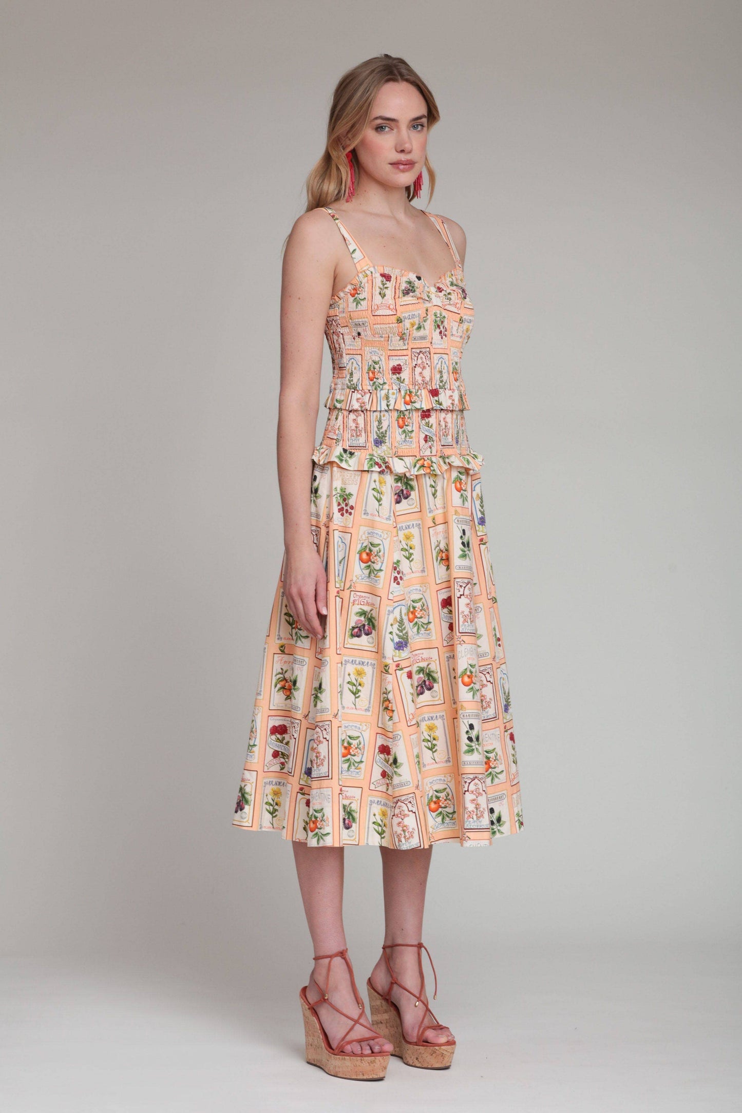 Cotton Fruit Floral Smocked Midi Dress