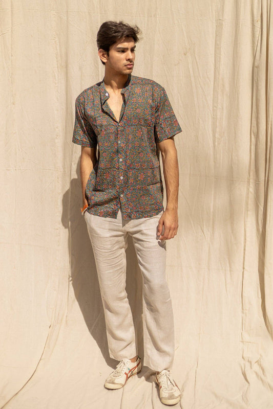 Carnations Handblock Printed Cotton Shirt