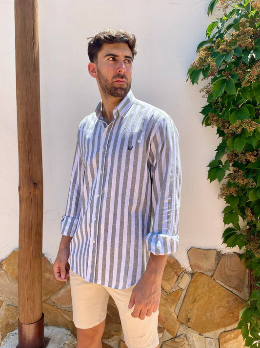 Khaki Green Striped Linen Shirt | Baza