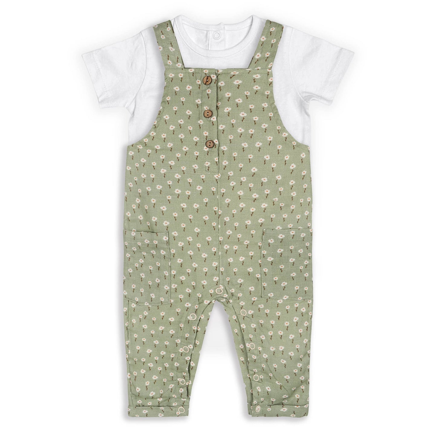 Sage Floral Baby Dungaree + Bodysuit (Organic Muslin)