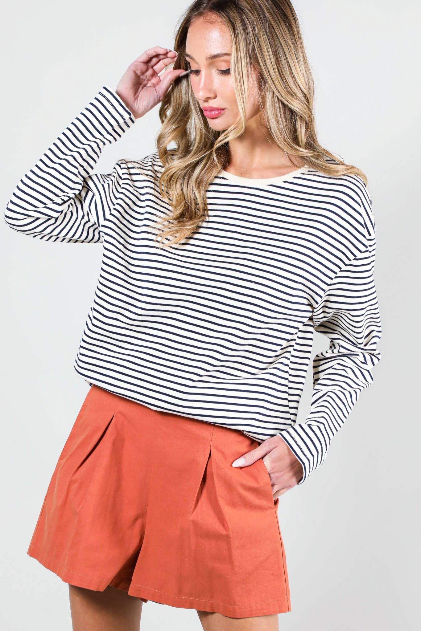 Round Neck Long Sleeve 100% Cotton Stripe Knit Top