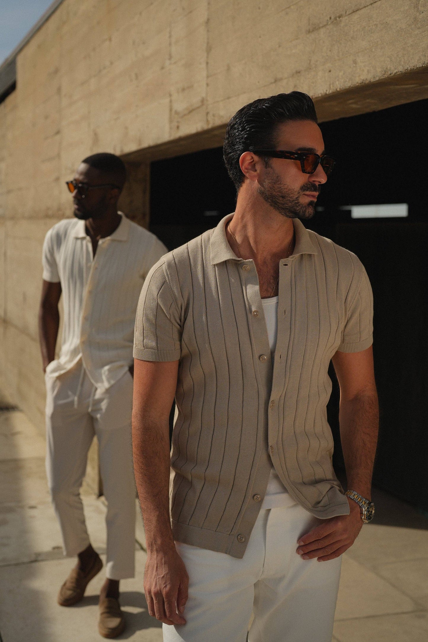 KNITTED CUBAN COLLAR TAUPE SHIRT