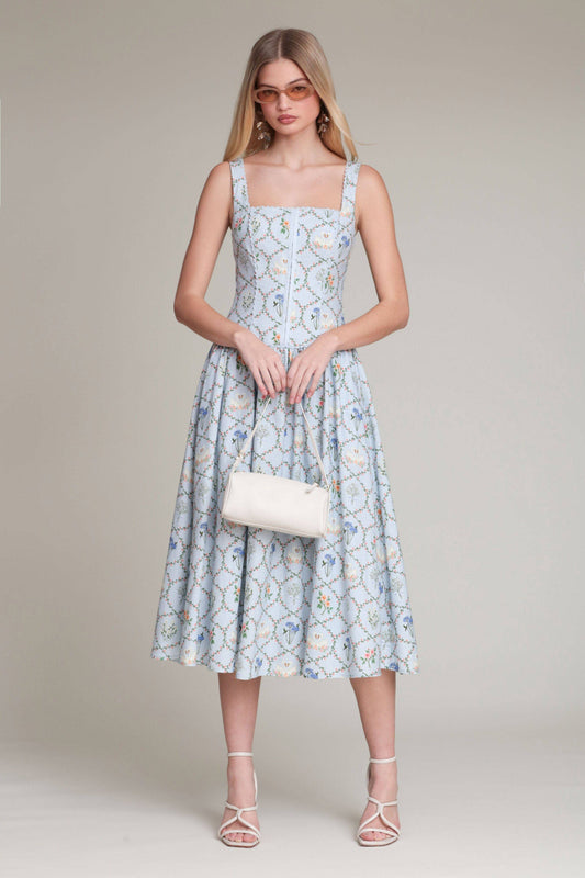 Floral Lattice Linen Blend Midi Dress