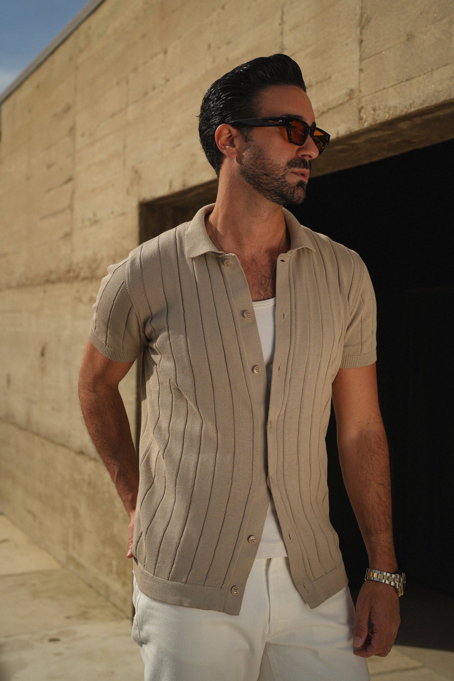 KNITTED CUBAN COLLAR TAUPE SHIRT