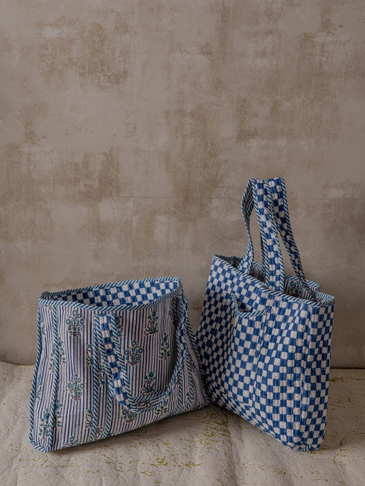 Blueberry Handblock Printed Reversible Cotton Quilted Tote Bag