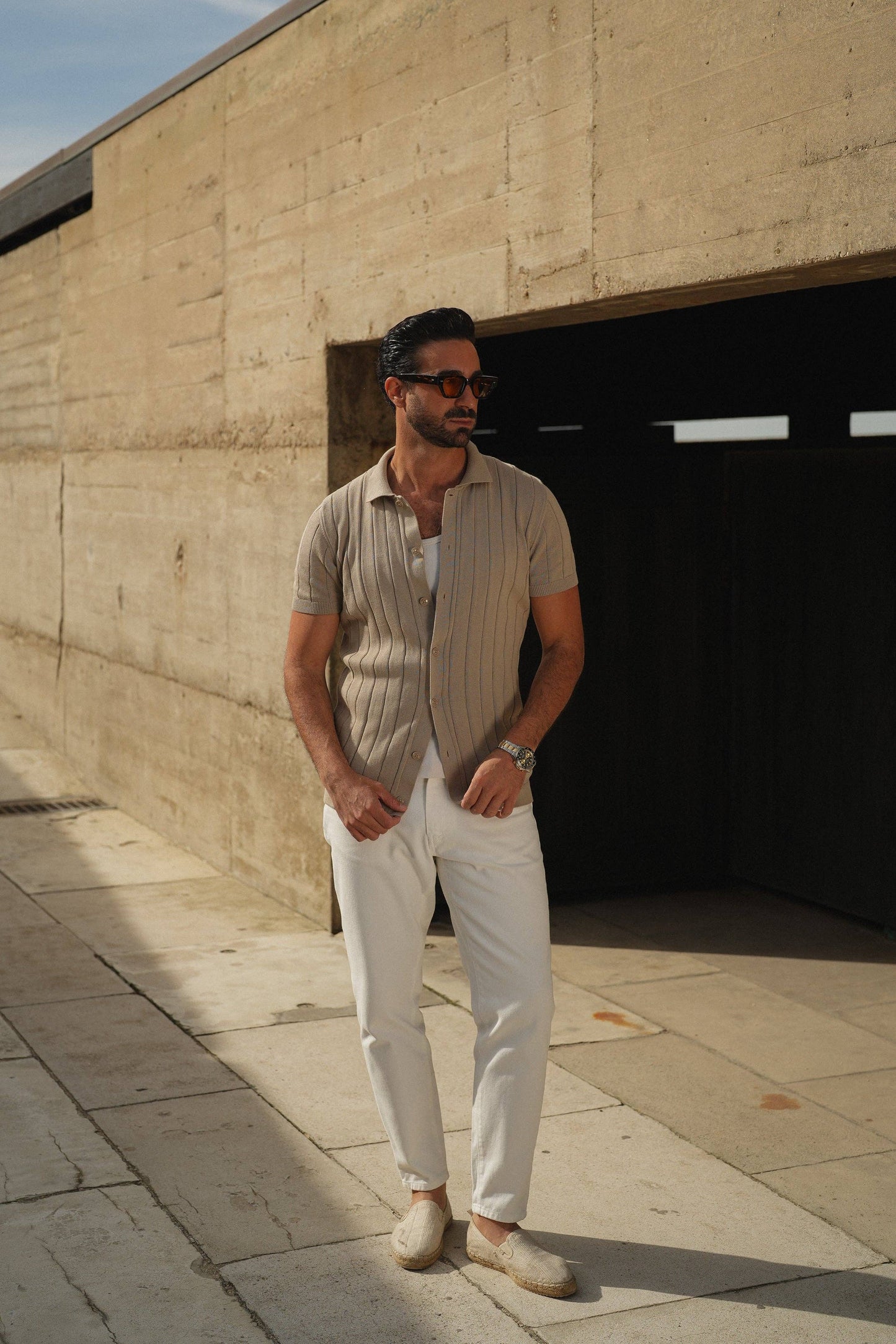 KNITTED CUBAN COLLAR TAUPE SHIRT