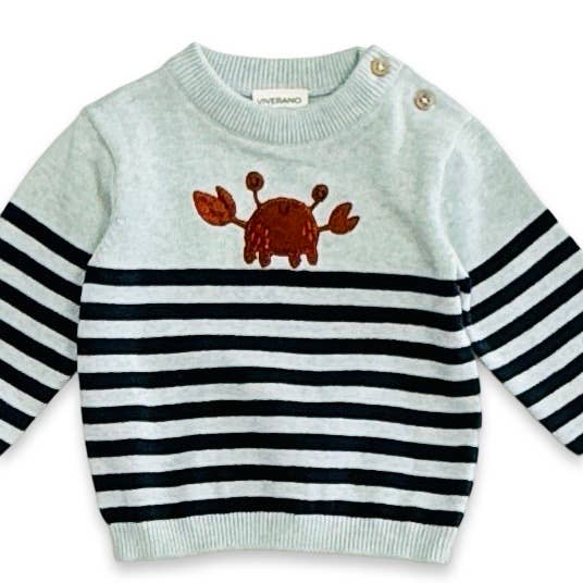 Crab Embroidered & Stripe Knit Baby Pullover (Organic Cotton