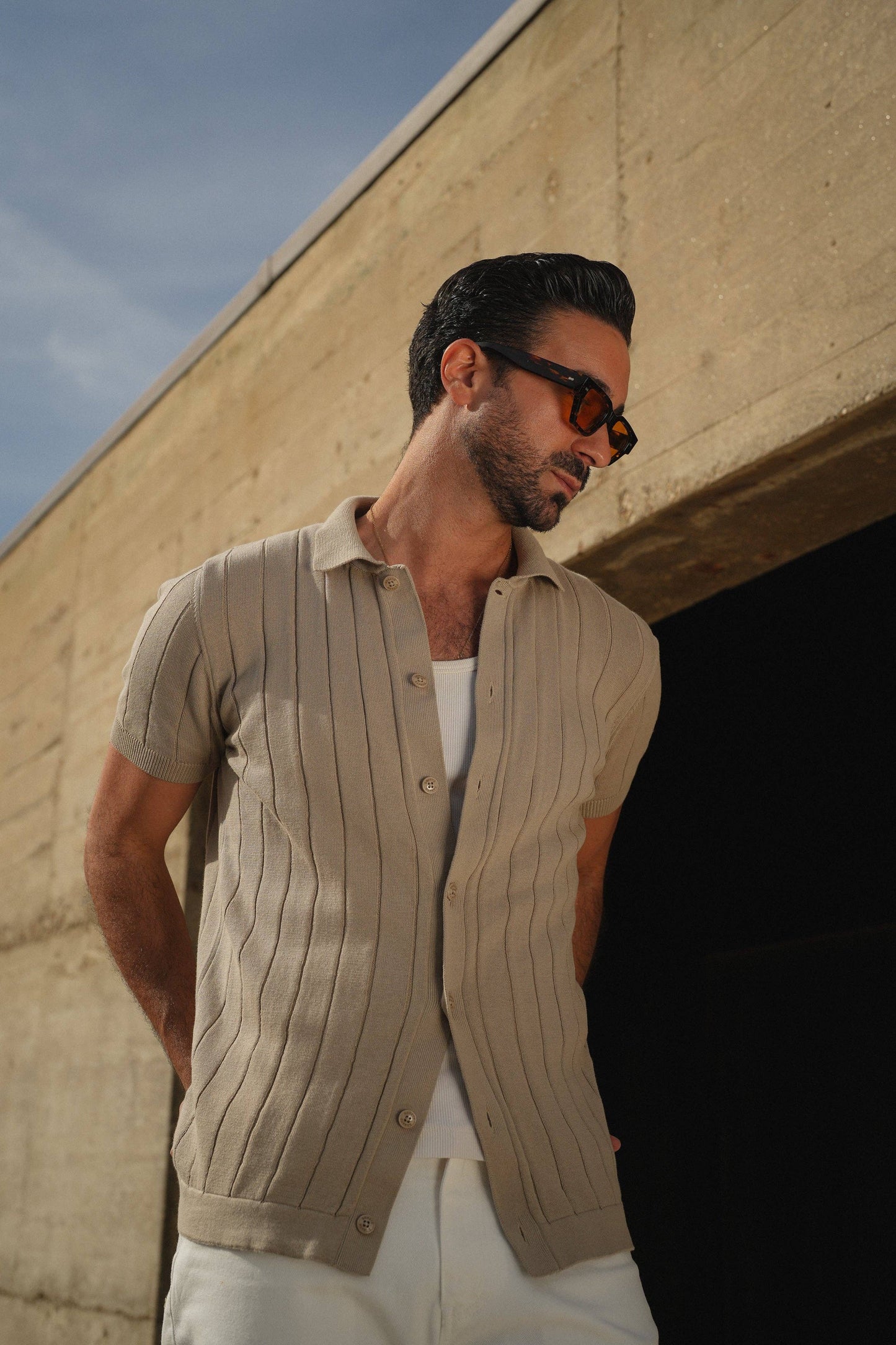 KNITTED CUBAN COLLAR TAUPE SHIRT