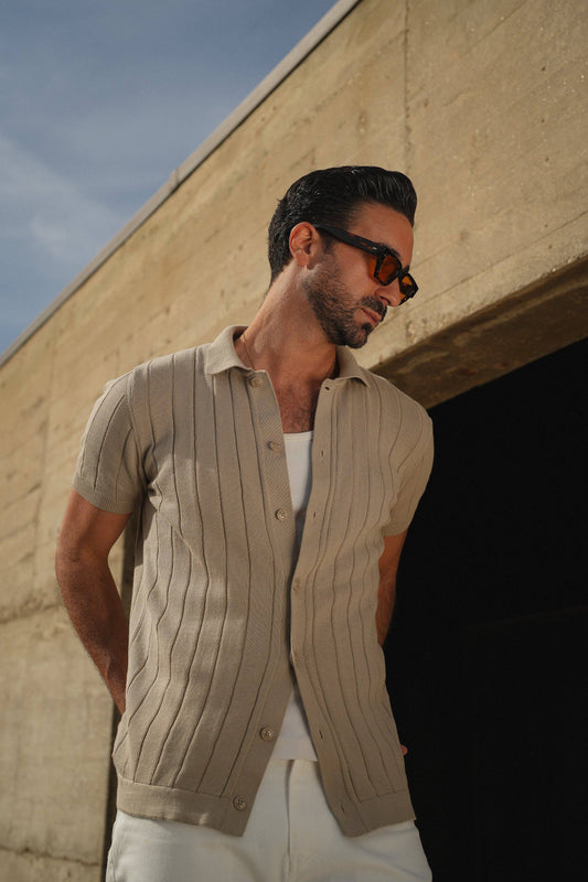 KNITTED CUBAN COLLAR TAUPE SHIRT